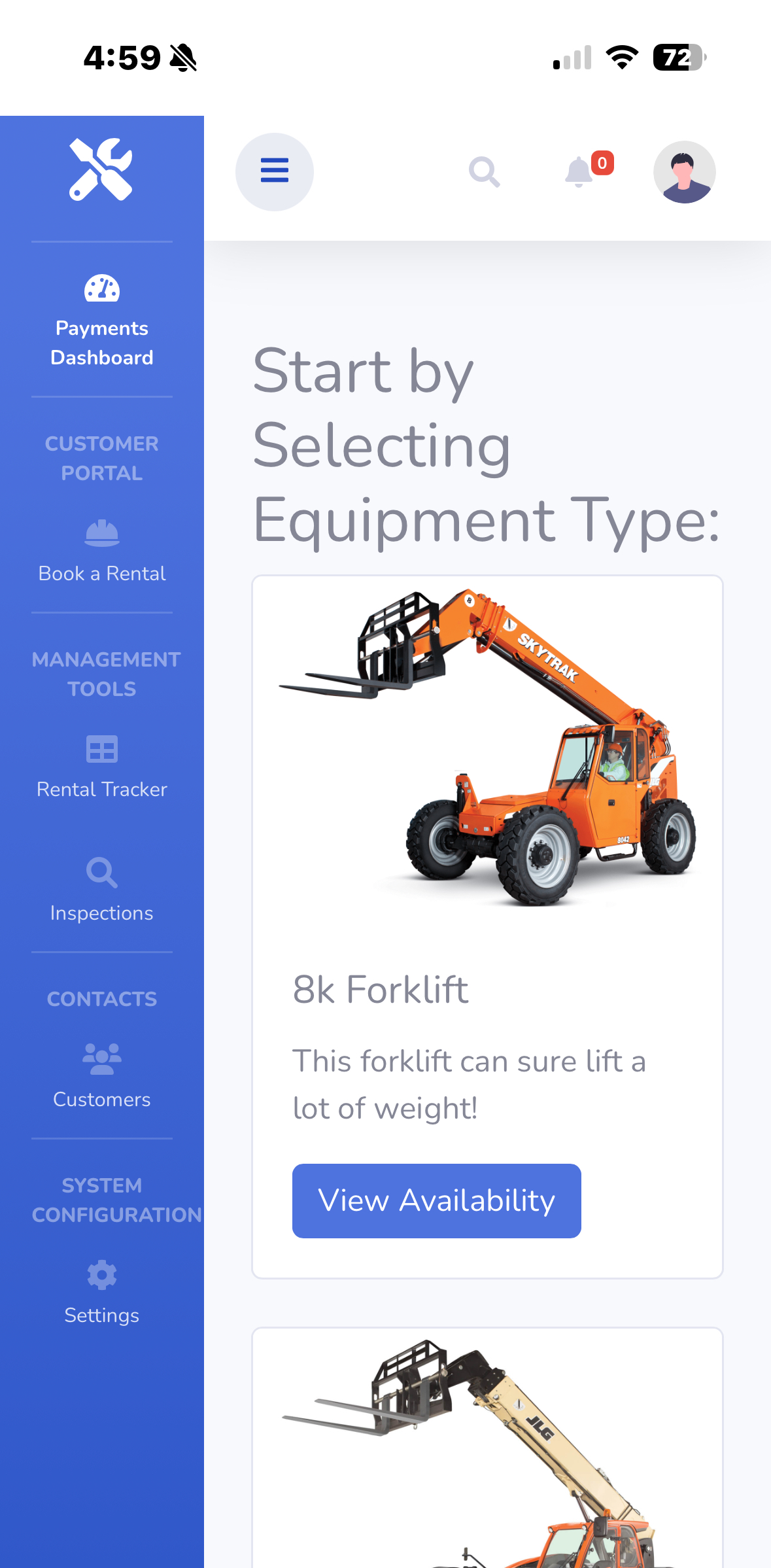 screenshot of rental software